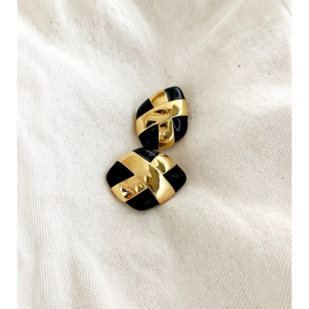 Vintage St John Black Gold Sculptural Clip Earrings Luxe Signed Power Jewelry
